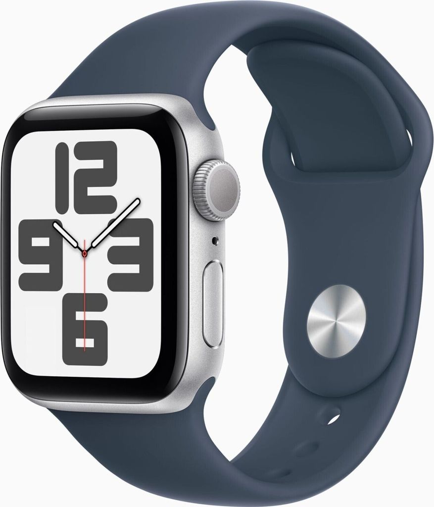 A close-up product shot of a smartwatch with a blue band, displayed against a white background.