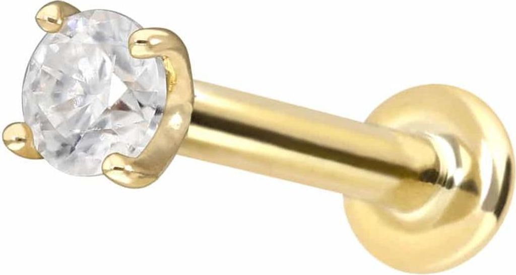 Ohrpiercing, Nasenpiercing 14 Karat Gold Labret mit Push Fit MOISSANIT Gold Stablänge: 6mm | Stabstärke: 1mm | Kristallgröße: 2,5mm