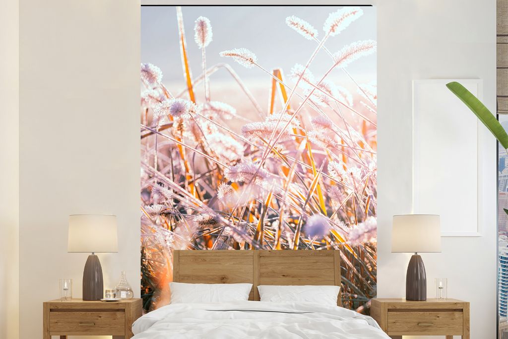 MuchoWow Fototapete für Wohnzimmer oder Schlafzimmer Wandtapete Vinyl Motivtapete Gras - Sonne - Winter - Schnee - 200x300 cm - Wanddekorationen