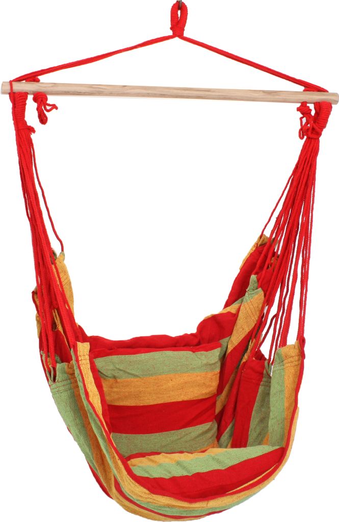 A striped hanging chair suspended from a wooden bar.