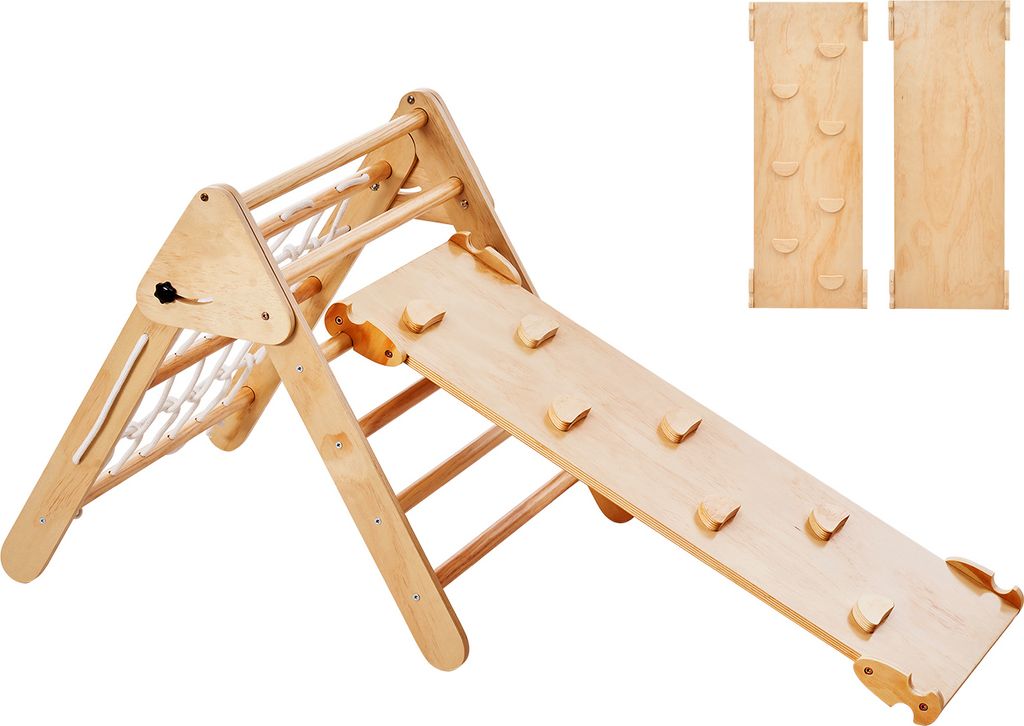 A wooden Pikler triangle climbing toy set with a slide, displayed against a white background.