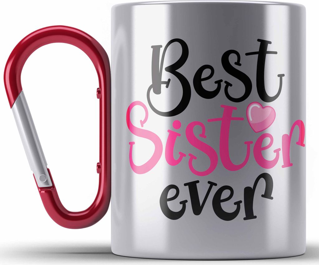 Trendation - Best Sister Ever Edelstahl Tasse Karabiner Geschenk für Schwester Geschenkidee Beste Schwester Geburtstag (Rot)