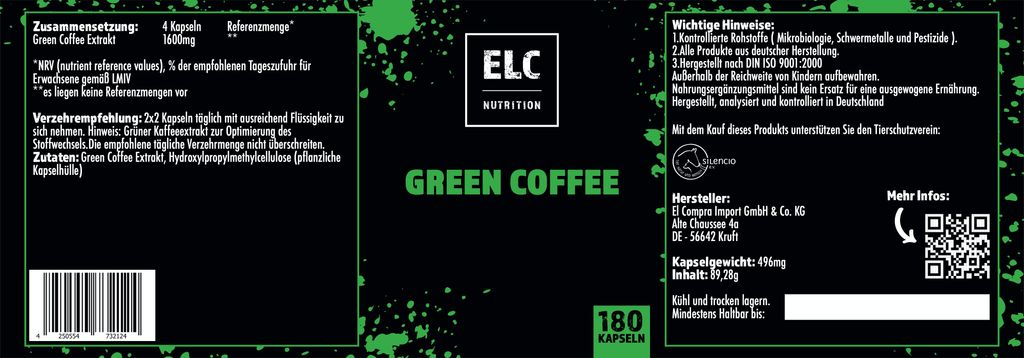 ELC Nutrition Green Coffee 180 Kapseln | Green Coffee Extrakt | Nahrungsergänzungsmittel | Supplements