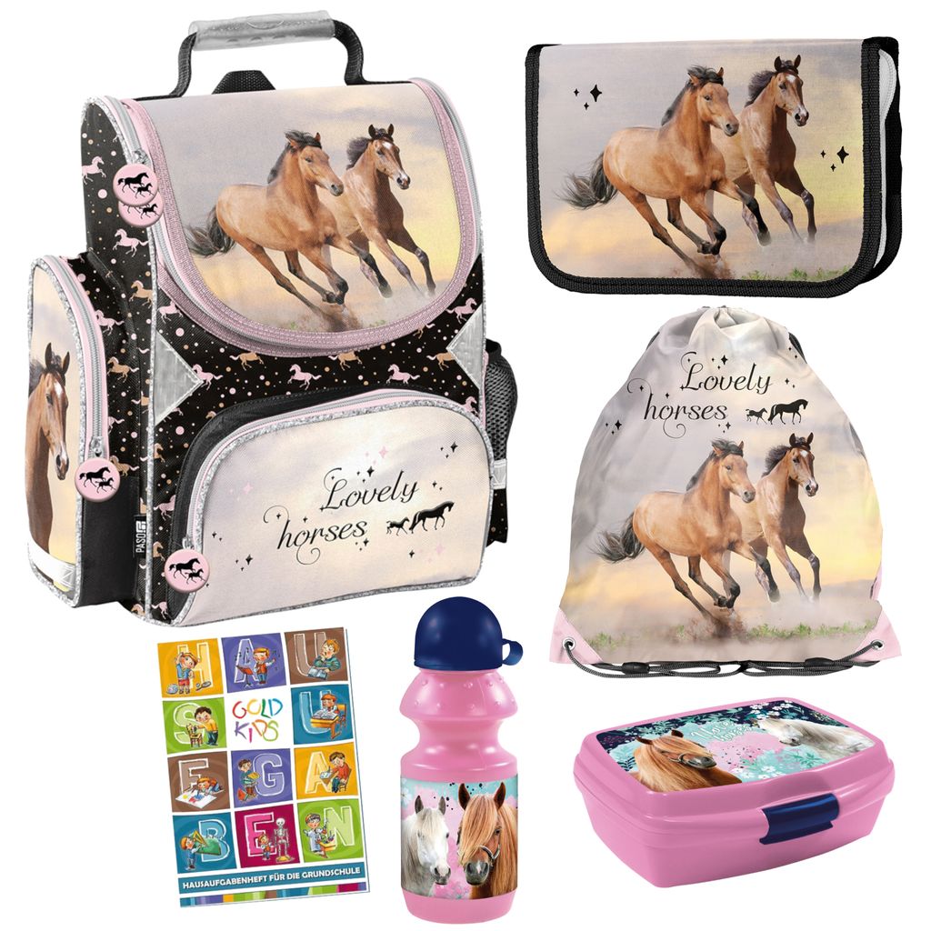 Goldkids- Schulranzen für Jungen und Mädchen, 6er-Set - Schul-Rucksack für Kinder mit Federmäppchen - Schuhbeutel Trinkflasche und Brotdose - P...