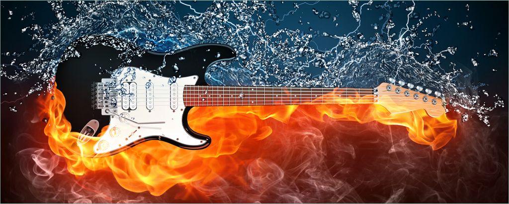 Wallario Poster - Feuer-Wasser-Gitarre, Kunstdruck Größe: 80 x 200 cm