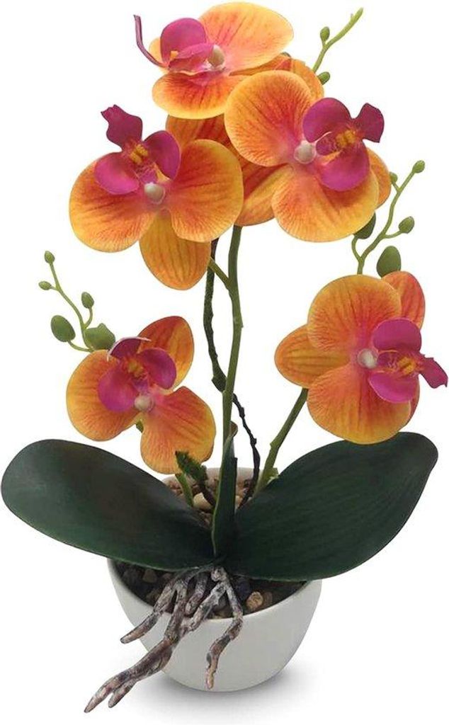 Famanu Kunstplant Orchidee Phalaenopsis, oranje, met witte Productafbeelding 