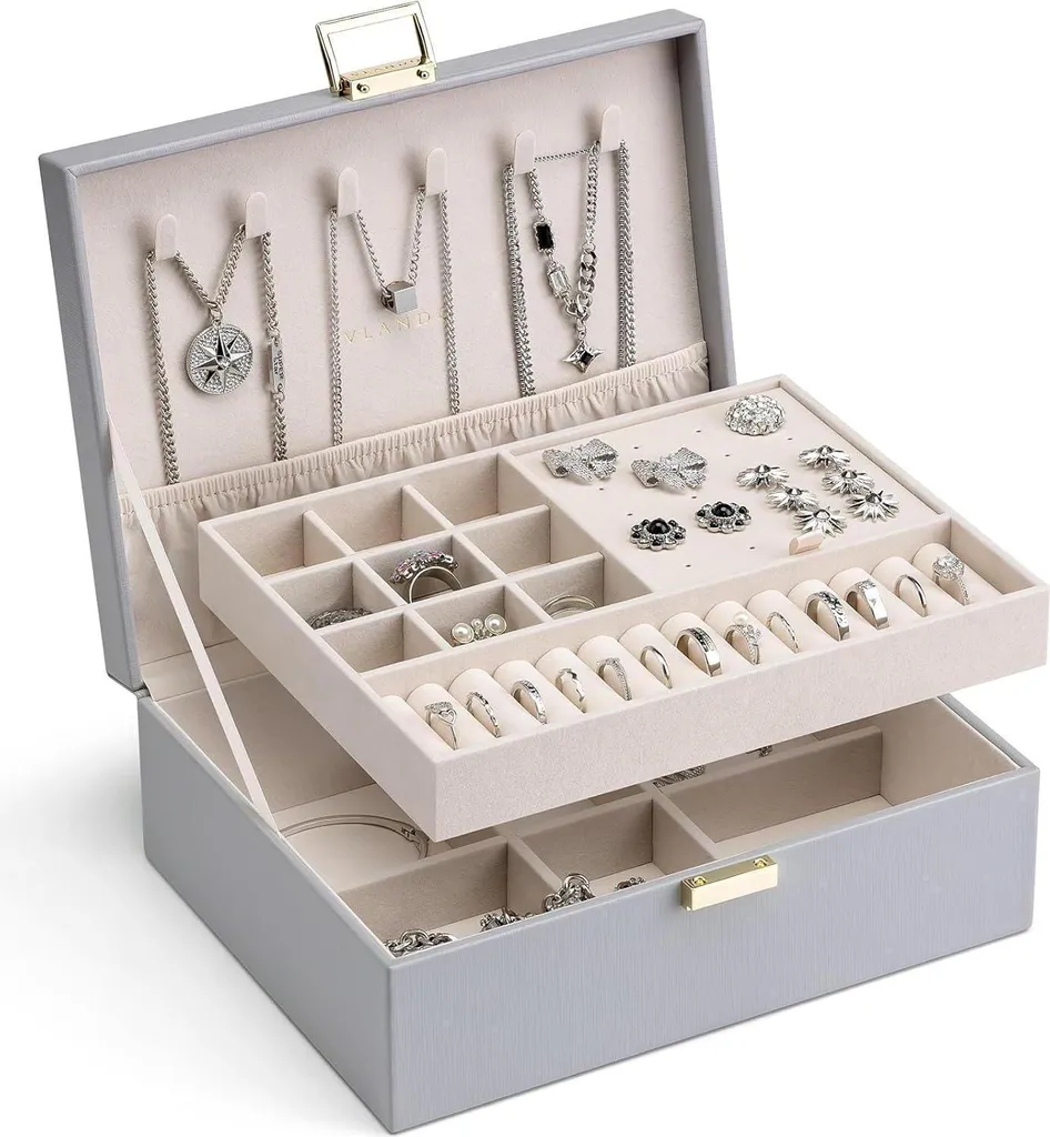 Boîte à bijoux 2 niveaux gris avec plateau amovible pour bagues
