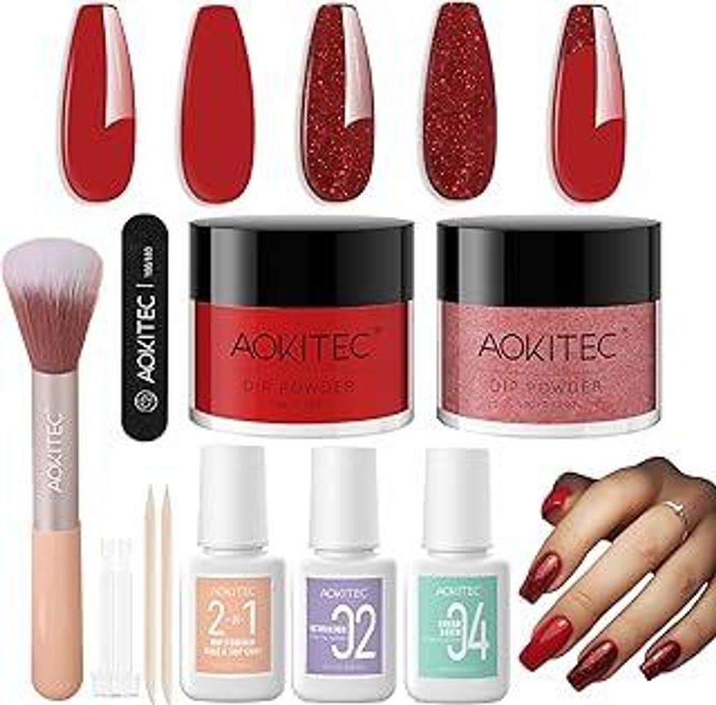 Aokitec Dipping Powder Nails Set - Rot & Glitzer Dip Acrylpulver mit Dip Liquid Base Nagelzubehör für Nail Art, Dipping Acryl Nägel Starterset, ...