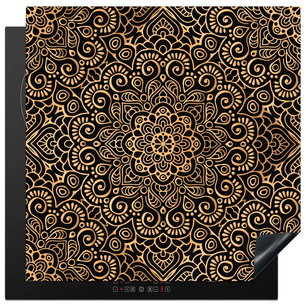 KitchenYeah Herdabdeckplatte Goldenes Muster auf schwarzem Hintergrund , 78x78cm, Küche Deko, Glaskeramikkochfeld Herdabdeckung, Abdeckplatte f...