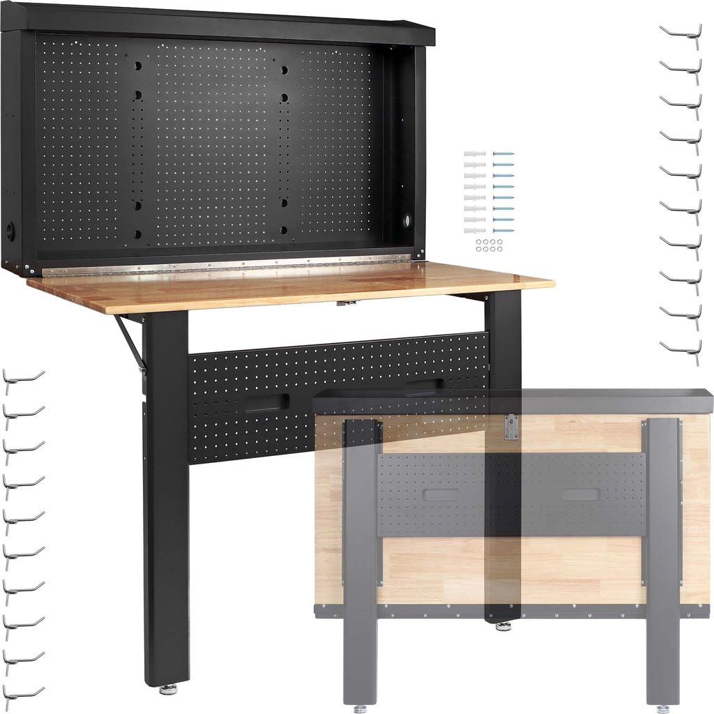 Wiltec Werkbank zur Wandmontage bis 200 kg, klappbare Werkzeugbank 120,5 x 82,5 x 162 cm mit Lochplatte als Rückwand, Werktisch mit Arbeitsplatte ...