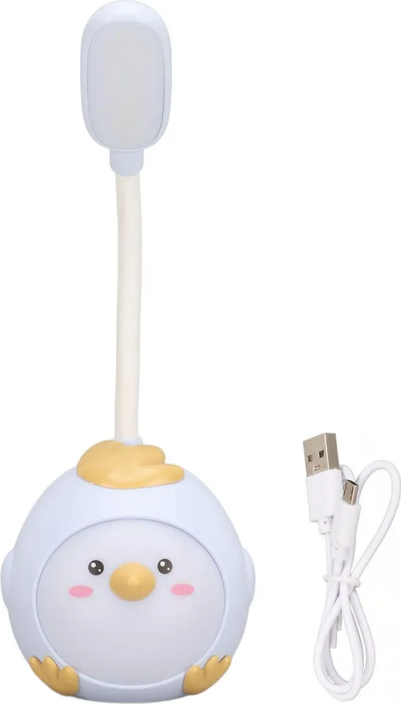 Lampada da scrivania a LED, ricarica USB, protezione per gli occhi, luce notturna flessibile con base a forma di simpatico pulcino, blu