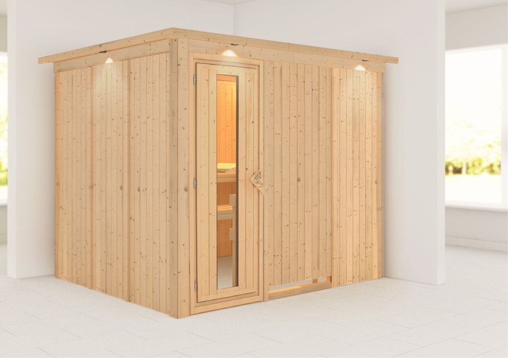 Karibu Sauna Innensauna Gobin Fronteinstieg ohne Zubehör 245x210x202 cm mit Dachkranz mit Energiespartür