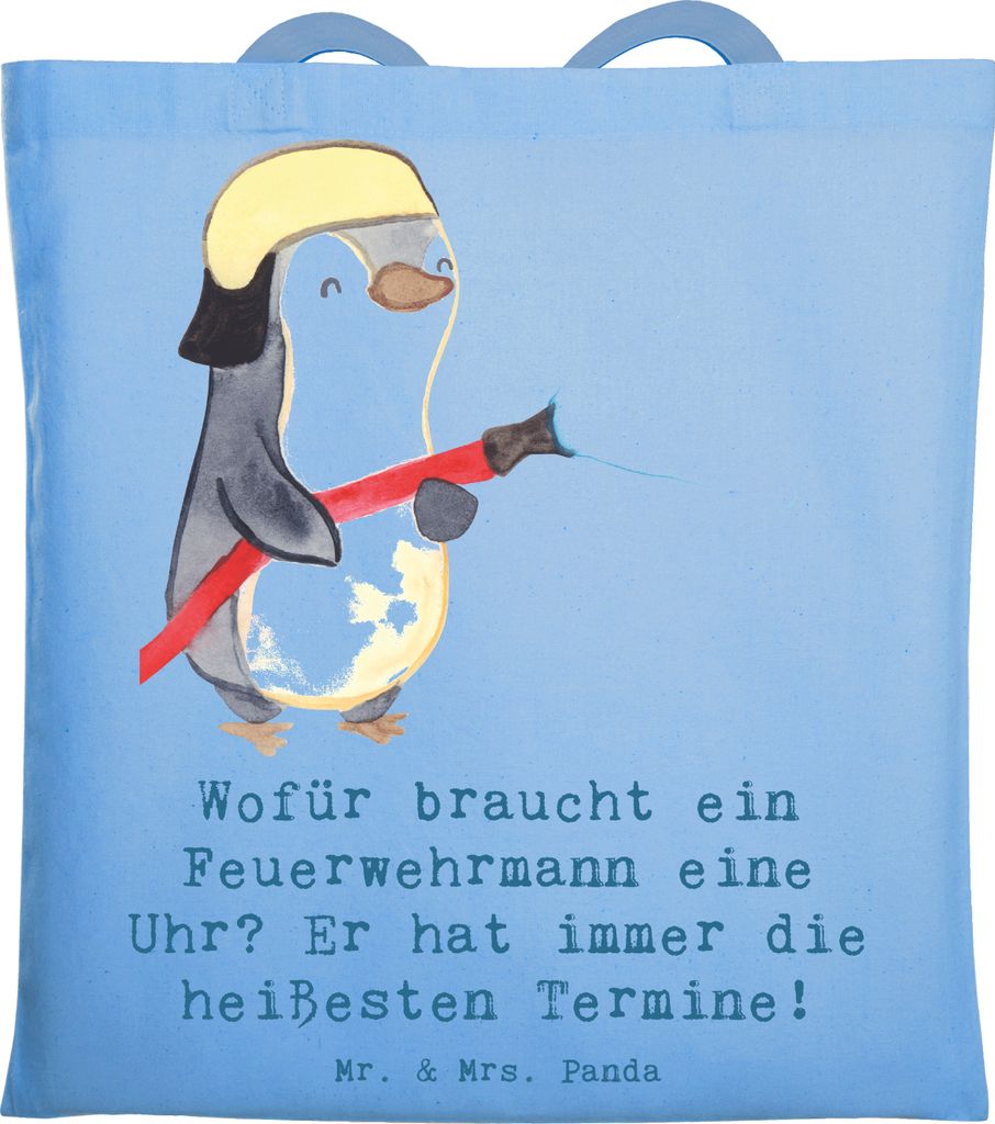 Mr. & Mrs. Panda Tote Bag Feuerwehrmann Termine - Sky Blue - Geschenk, Jutebeutel, gefährliche Berufe, Schultasche, Beruf, handgefertigte Geschenk...
