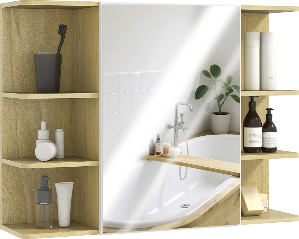 Rangement mural salle de bain miroir et étagères bois gain de place 80cm
