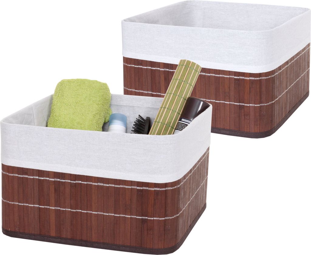 2er-Set Aufbewahrungskorb HWC-C21, Korb Aufbewahrungsbox Ordnungsbox Sortierbox Regalkorb, Bambus braun