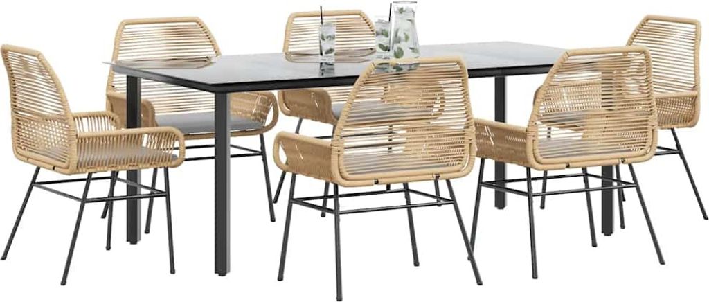 7-tlg. Garten-Essgruppe mit Kissen Braun Poly Rattan Glas