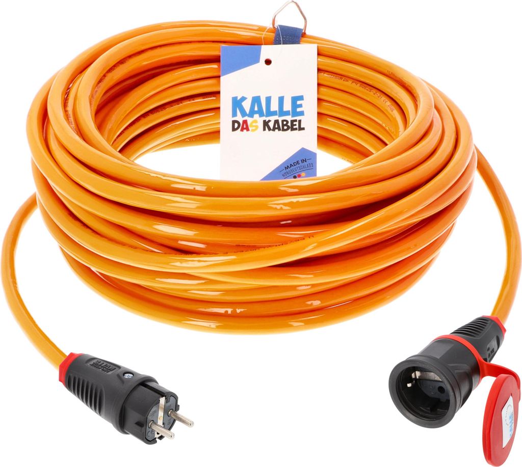 A coiled orange extension cord with black and red connectors.