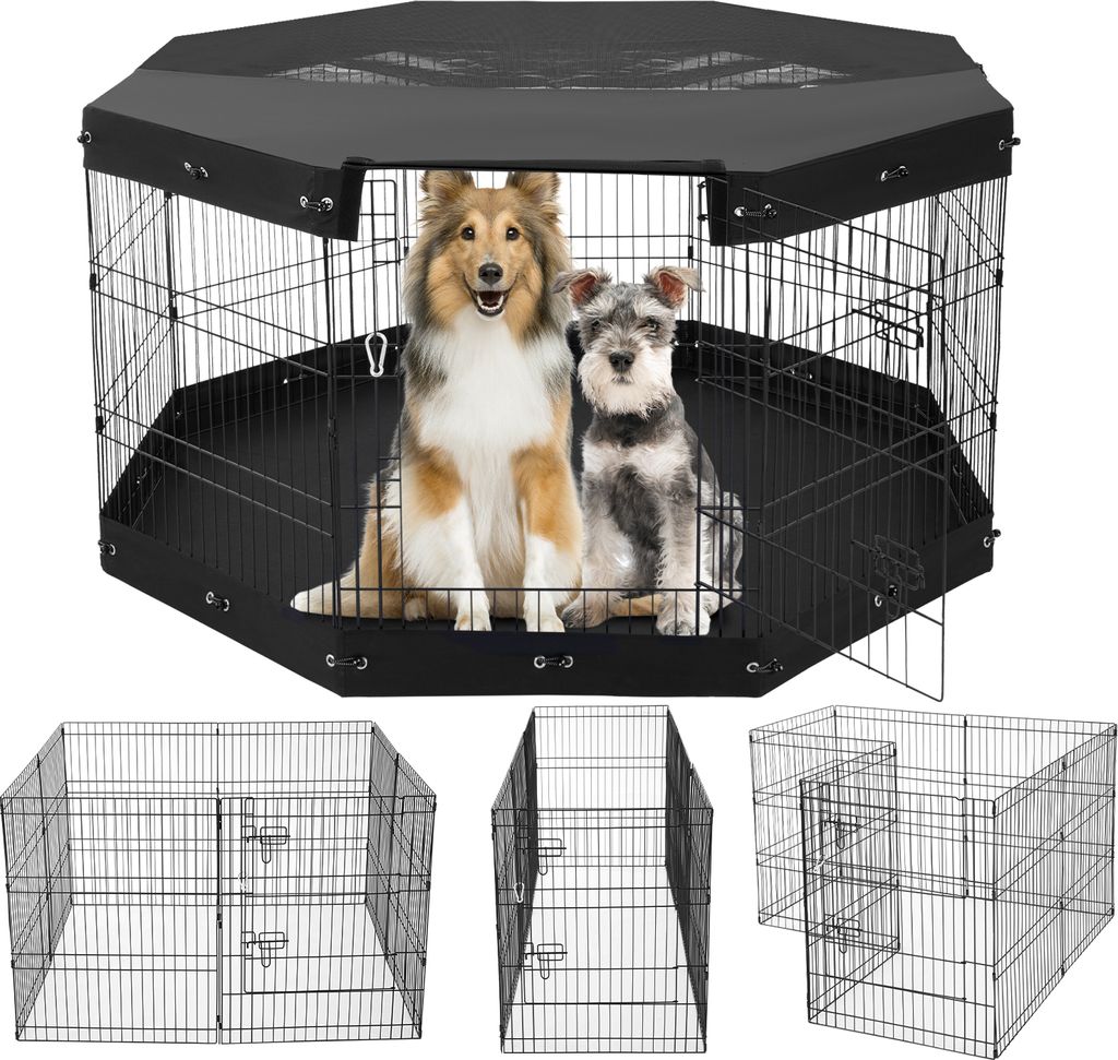 A black metal dog playpen with a black top cover, featuring two dogs inside. Below the main image are three smaller images showing different configurations of the playpen.