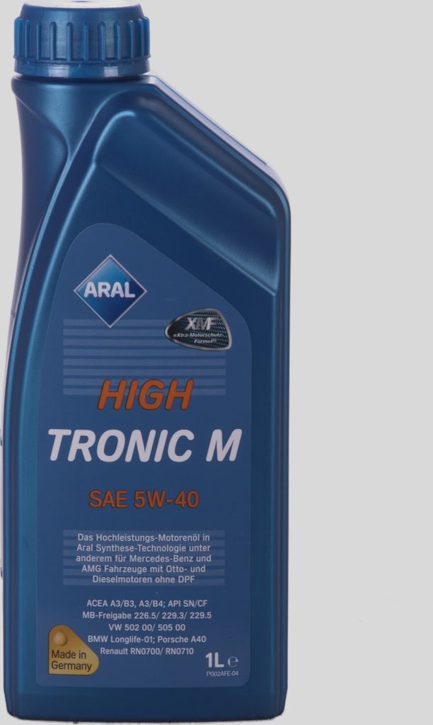 A blue bottle of Aral HighTronic M 5W-40 engine oil against a light gray background.