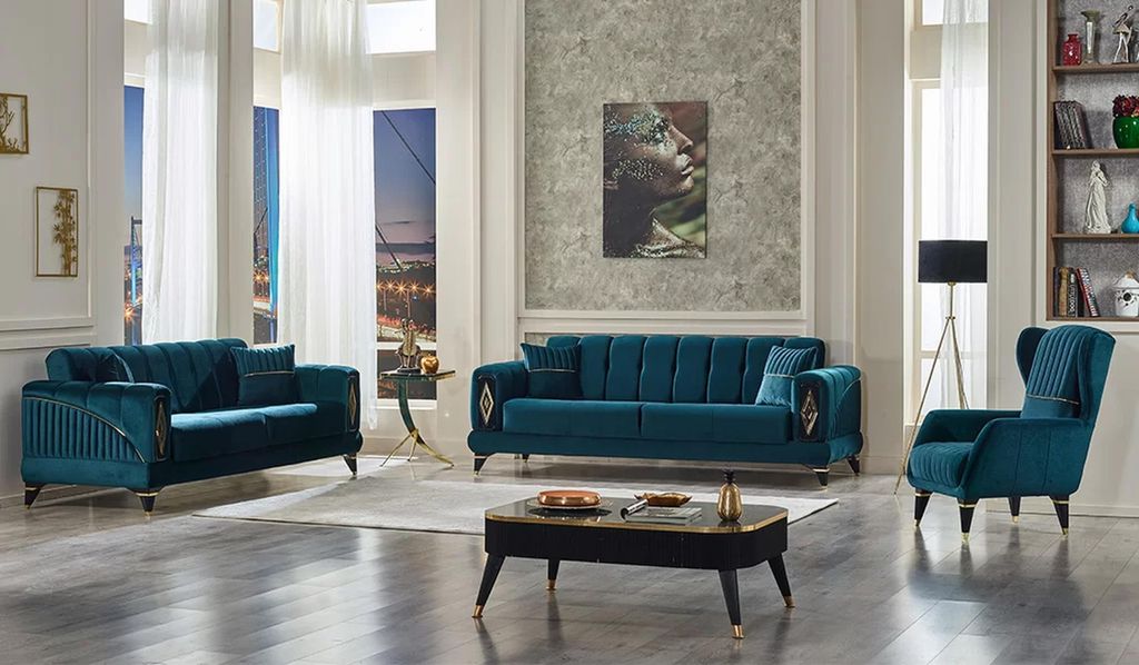 Grün Sofa Komplett 3+3+1 Sitzer Wohnzimmer Textil Sofagarnitur 3tlg Polster