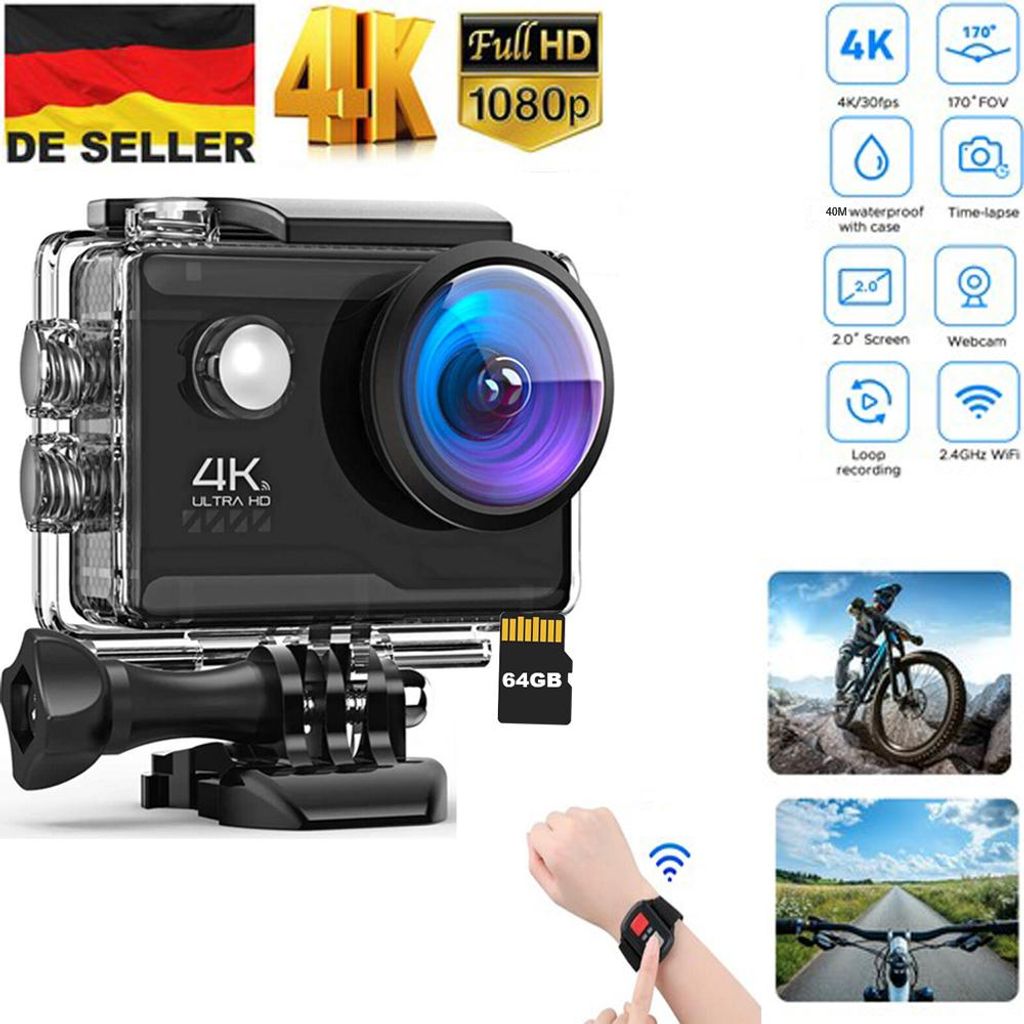 4K60FPS Action Cam mit 64G Karte, 40M Unterwasserkamera 20MP HD WiFi Kamera mit EIS Wasserdicht Actionkameras Weitwinkel Sportkamera