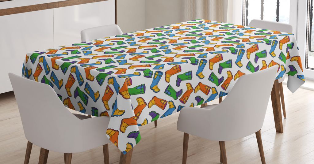 ABAKUHAUS Karikatur Tischdecke, Regen Stiefel Herbstliche Kunst, Pflegeleicht mit Modernster Druck Technologie Waschbar und Personalisiert, 140 x 2...