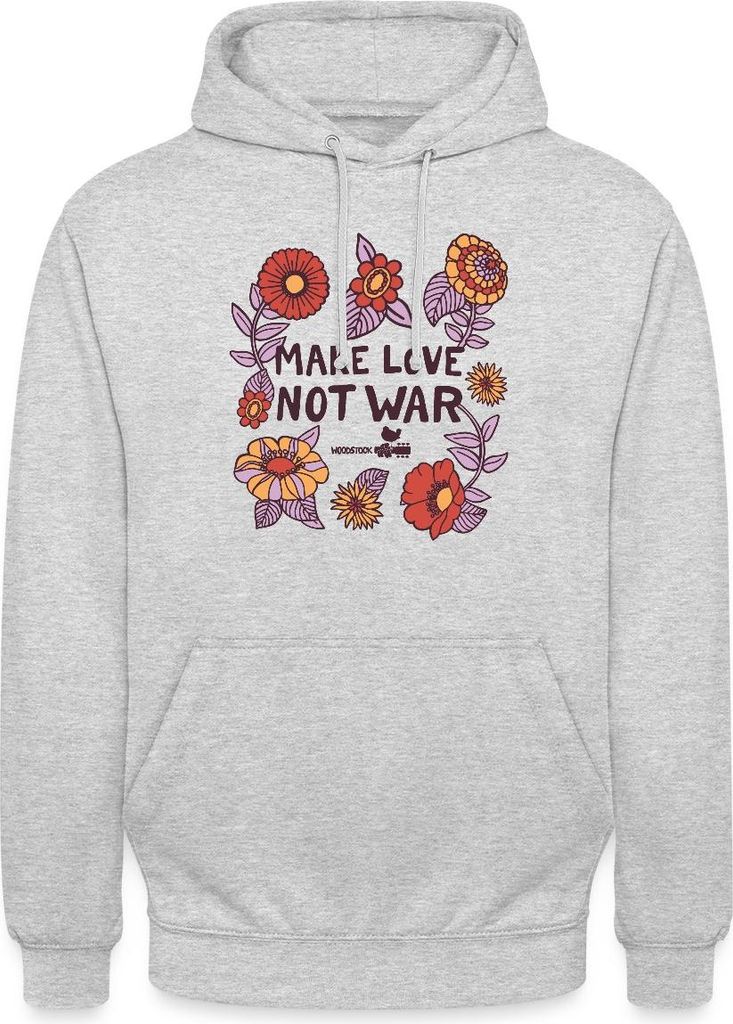 Spreadshirt Woodstock Make Love Not War Mit Blumen Rahmen Uni Hoodie, 4XL, Hellgrau meliert