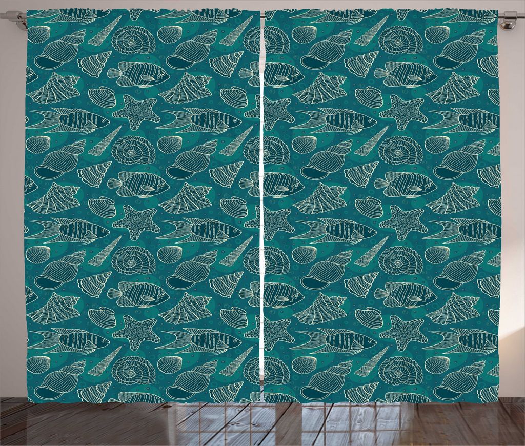 ABAKUHAUS Sea Shells Rustikaler Vorhang, Ozean-Linie Design, Wohnzimmer Universalband Gardinen mit Schlaufen und Haken, 280 x 225 cm, Benzinblau Be...