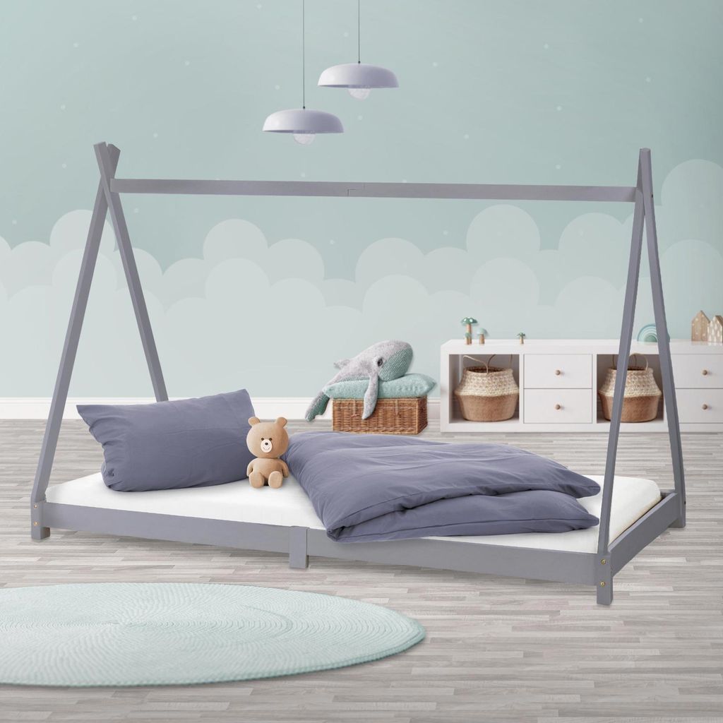 ML-Design Kinderbett Tipi 90x200 cm mit Lattenrost, Hellgrau, Indianer Bett aus Kiefernholz Bodenbett Holzbett Jugendbett Bettenhaus Spielbett Zelt