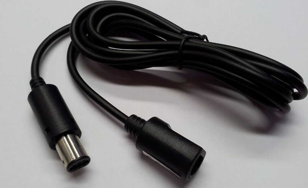 A black controller extension cable is laid out on a white background.