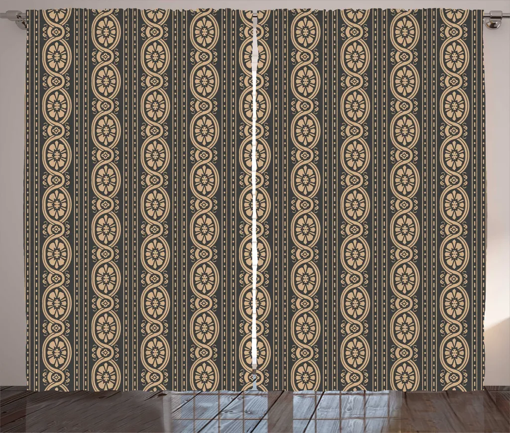 Rideau de Salon Rustique à Motifs Fleurs Tribales Beige et Gris 280x225
