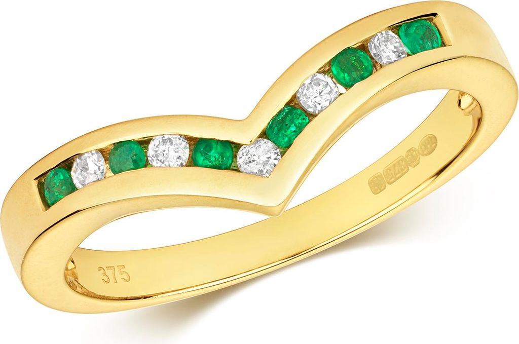Funkelndes Feuer Schöner 9 Karat (375) Gold Diamant Wünschelrute Ring Brillant-Schliff 0.10 Karat H - PK mit Smaragd, 57 (18.1); TRS291009KYRSP