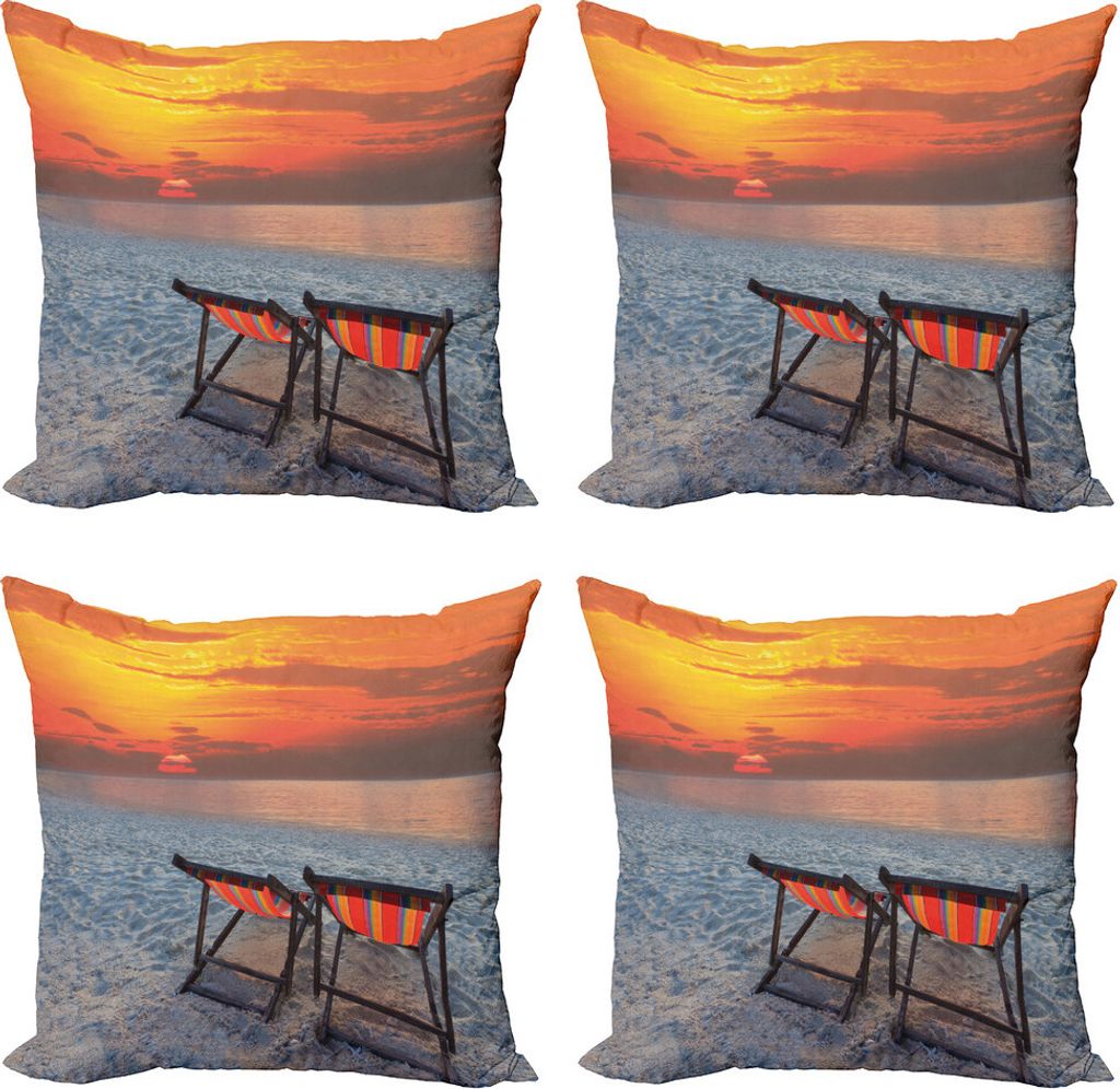ABAKUHAUS Strand Kissenbezug Set (4 Stück), Strand mit buntem Himmel, Moderner Doppelseitiger Digitaldruck, 40 cm x 40 cm, Orange Rot Grau