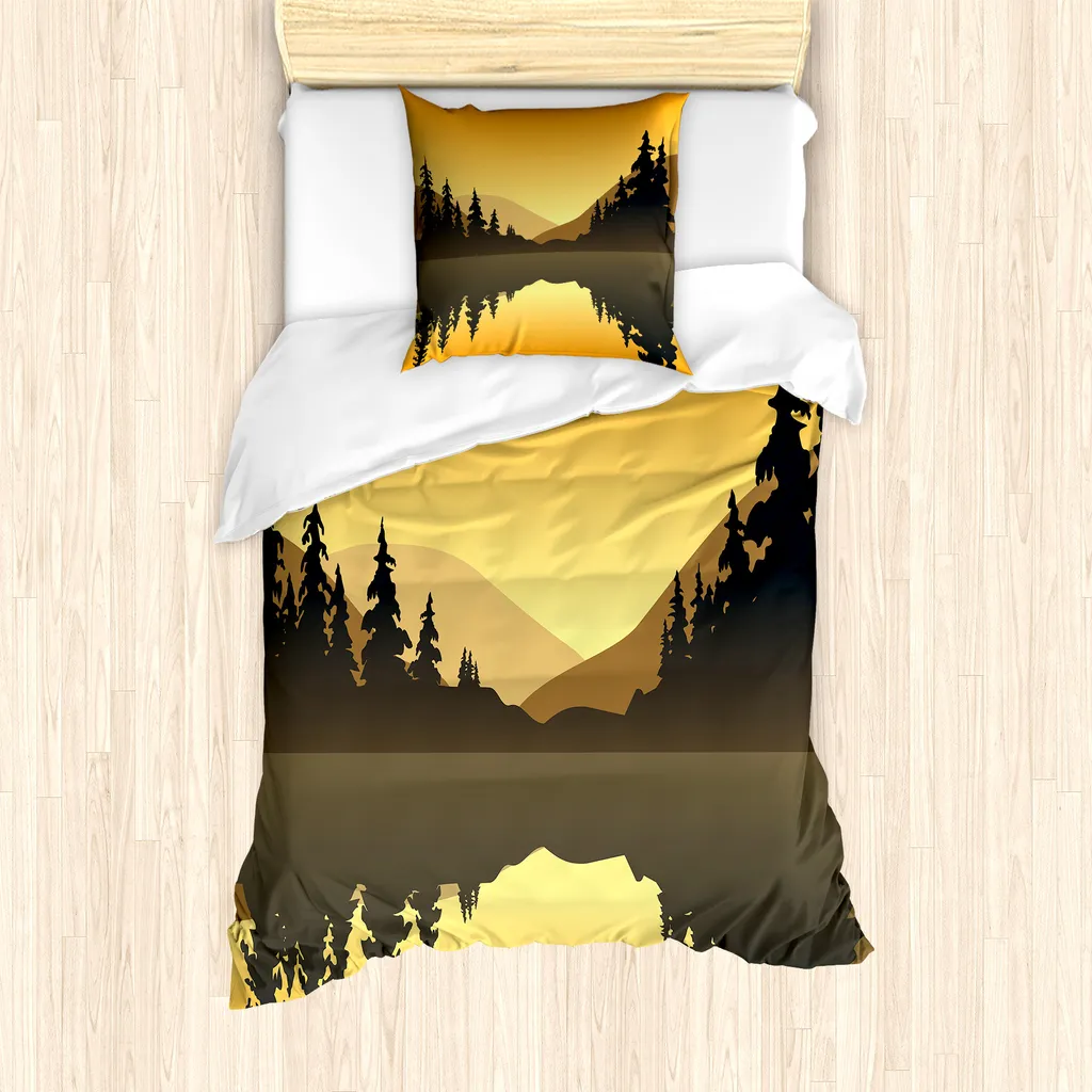 ABAKUHAUS Set copripiumino a tema lago per letti singoli, Acque tranquille Colline Bosco, Antiacaro Adatto a chi soffre di allergie con federa, 135 cm x 200 cm - 80 x 80 cm, Marigold Taupe scuro