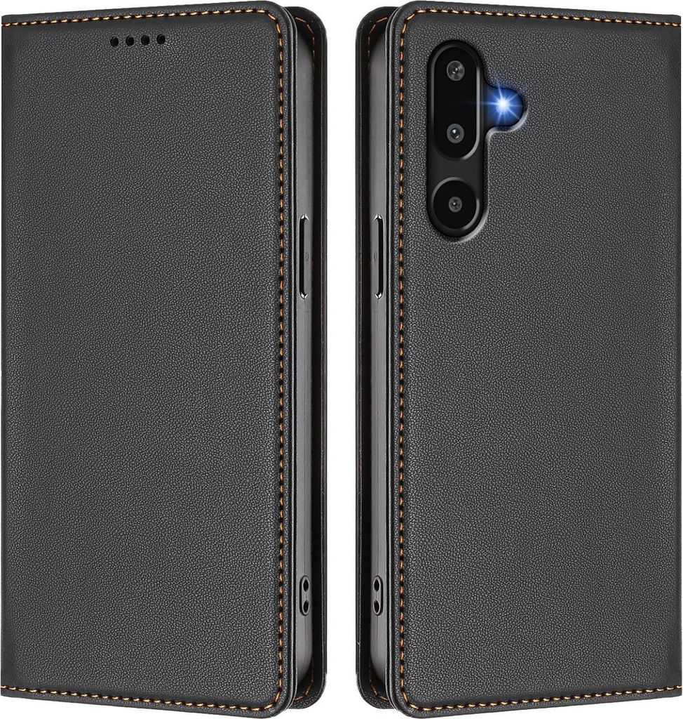 Handyhülle für Samsung Galaxy F16, Kunstleder Klapphülle Stoßfeste Magnetische Hülle mit Ständer Schwarz