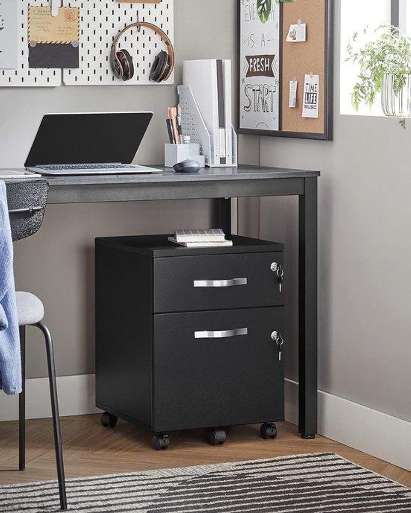 Archivierkast mit 2 Schubladen, 5 Rädern und verstellbarer Hängeplatte - für Dokumente in A4- und Briefformat - Büro zu Hause - Schwarz