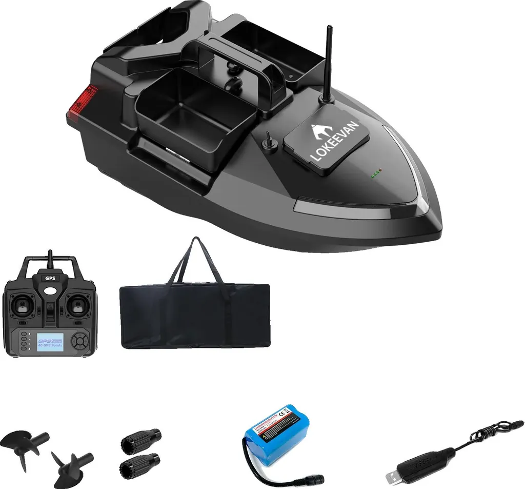 Bateau amorceur GPS 40 points avec batterie 12000 mAh et sac - Noir