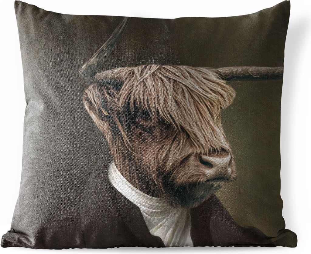 MuchoWow Outdoor Kissen - Schottisches Hochlandrind - Kleidung - Kunst - 50x50 cm - Wetterfest - Lounge Kissen - Komfortabel - Kissen mit Bild
