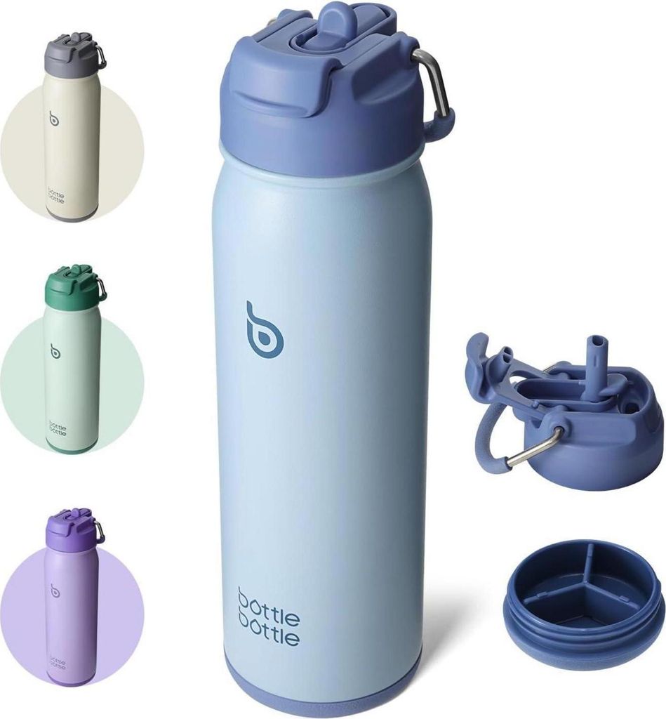 Edelstahl Trinkflasche mit Strohhalm und Pillenfach, Produktbild 
