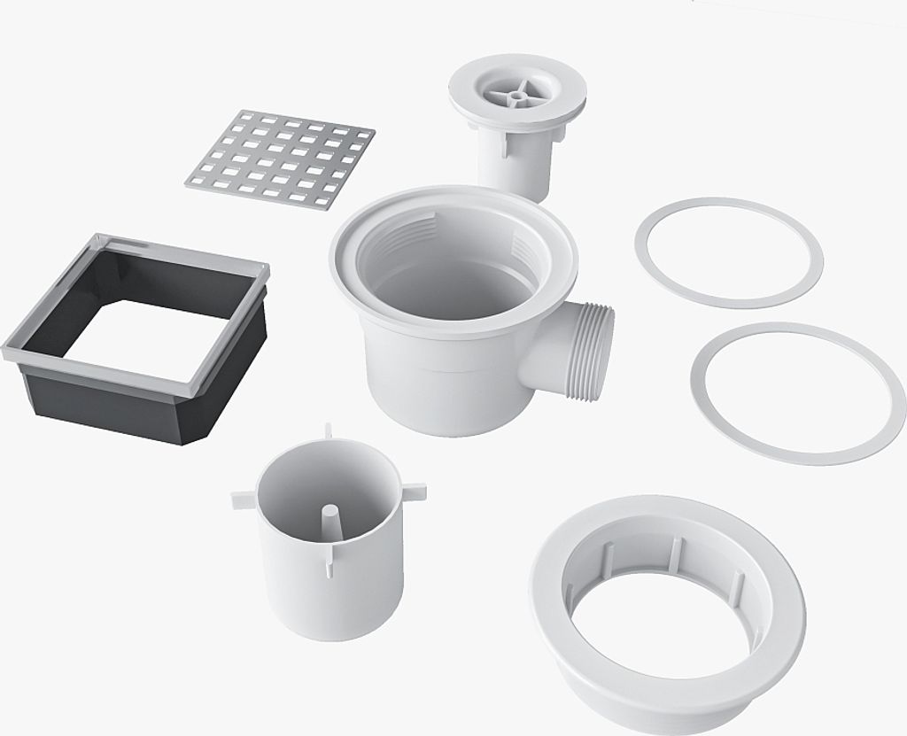 A collection of white and gray plumbing components, likely for a shower drain system, arranged on a white background.