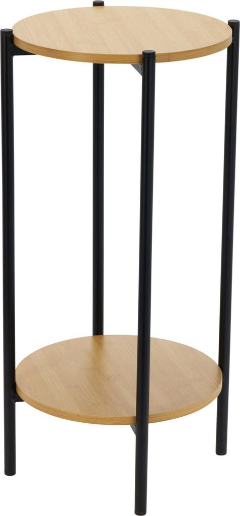 A two-tiered round side table with a light wood top and black metal legs, presented against a white background.