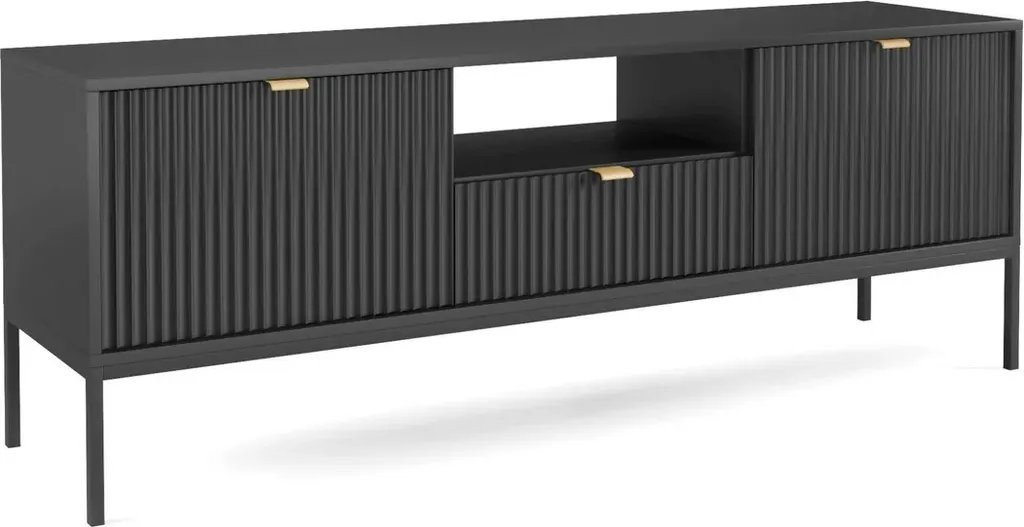 Meuble TV Noir MISHEEL Finition Mate avec Larges Niches de Rangement
