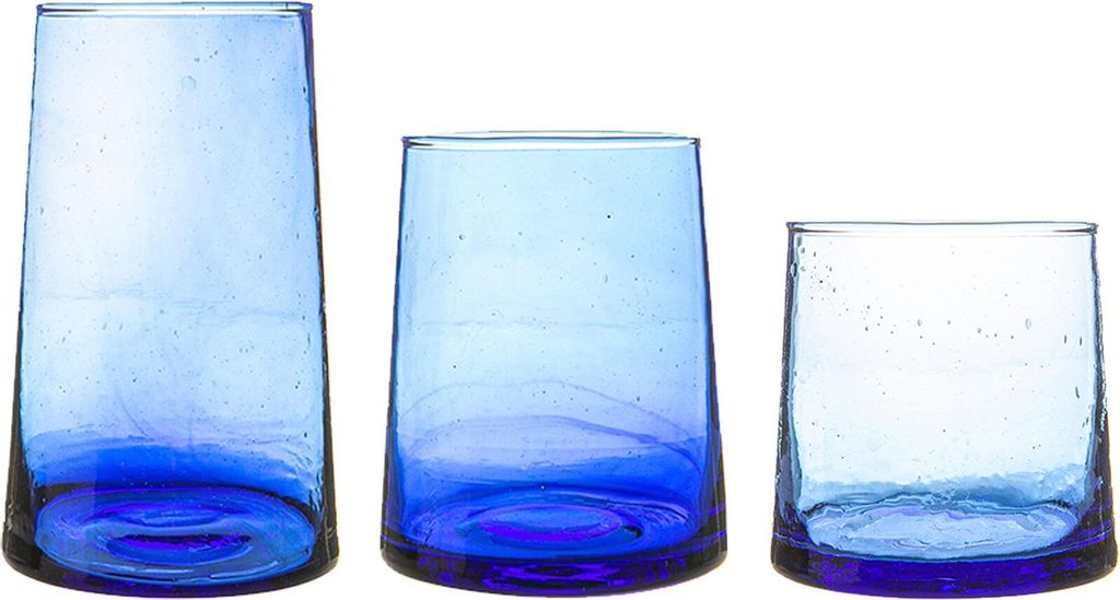 Nicola Spring 18 Stück Merzouga Recycled Highball und Tumbler Gläser Set - 6 Highball & 6 Medium Tumblers & 6 Small Tumblers - Blau