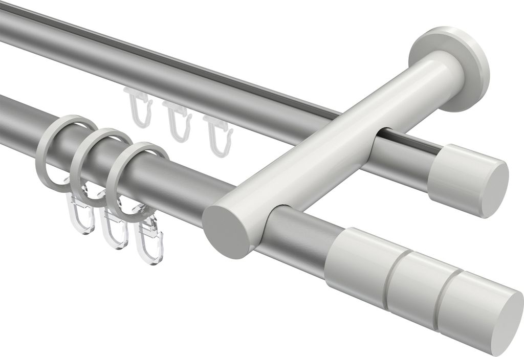 Interdeco Rundrohr-Innenlaufstange / Gardinenstange (Kombination) Silbergrau / Weiß, Typ Platon Elanto (Rillenzylinder), 20 mm Ø 2-läufig, 220 cm