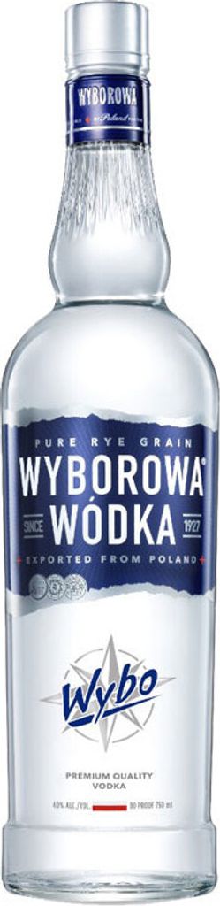 A bottle of Wyborowa Wodka on a white background.