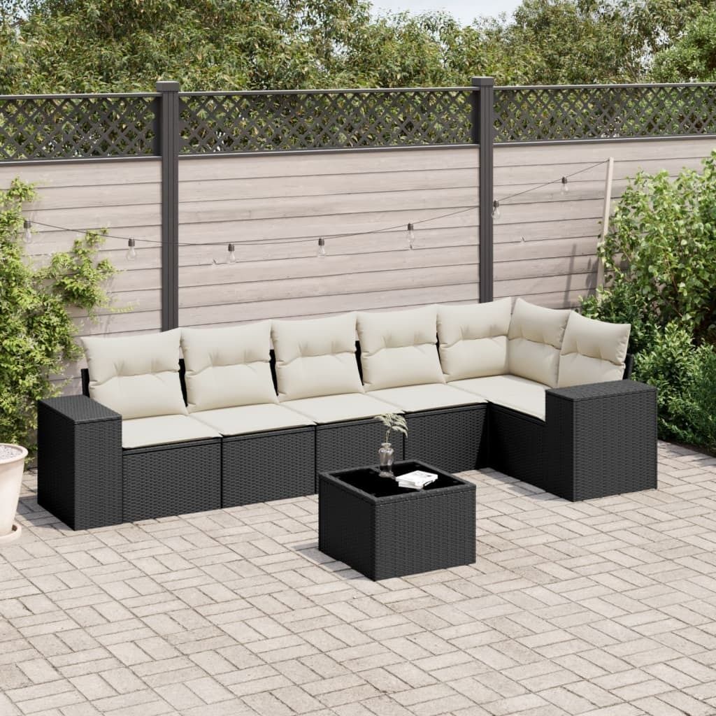 7-tlg. Garten-Sofagarnitur mit Kissen Schwarz Poly Rattan 3222595