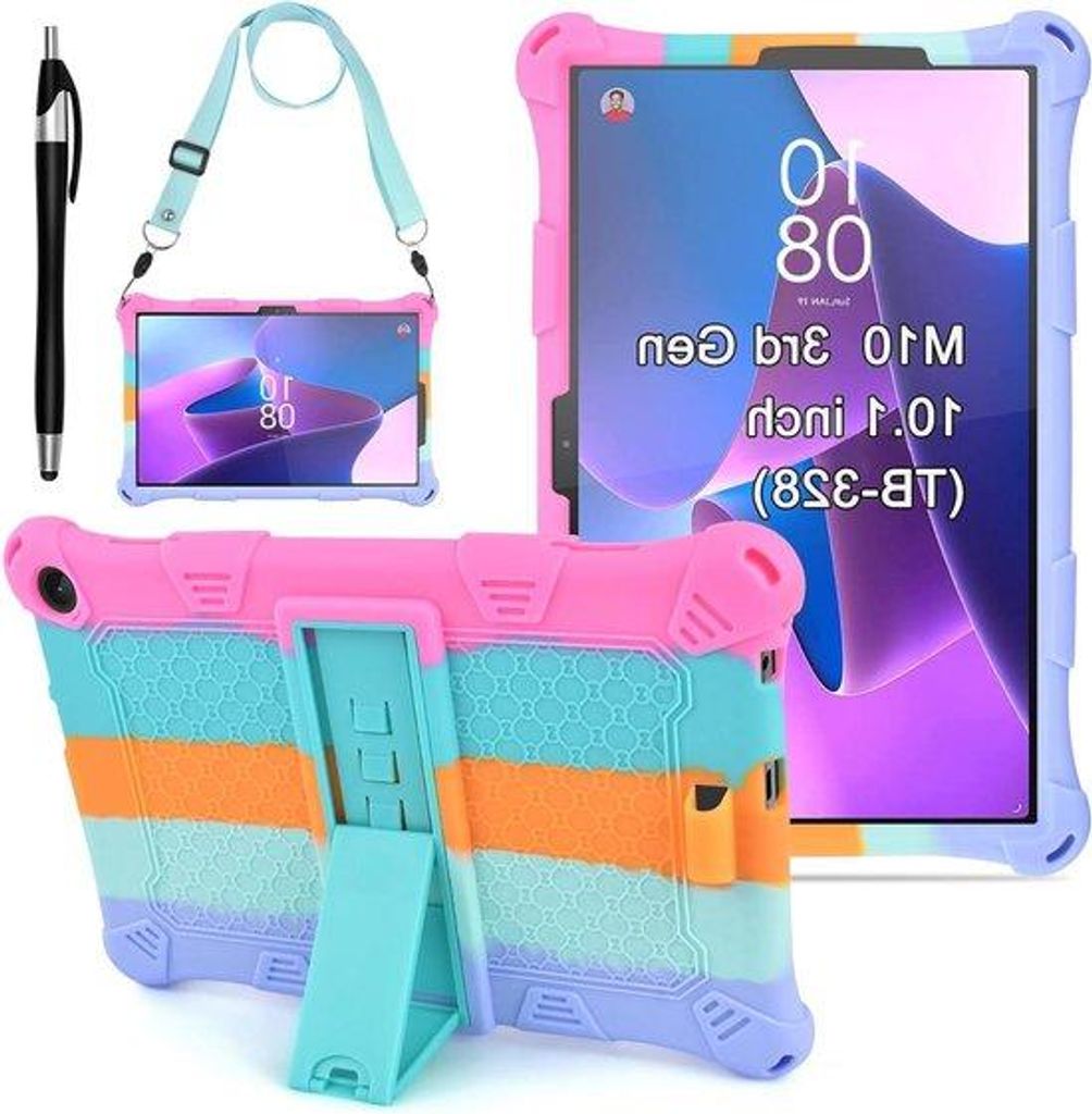 Siliconen hoes für Tablet 10 Zoll 2022 mit Schultergurt - kinderfreundliche Schutzfolie - Stylus - bunt - Kinder - Abdeckung