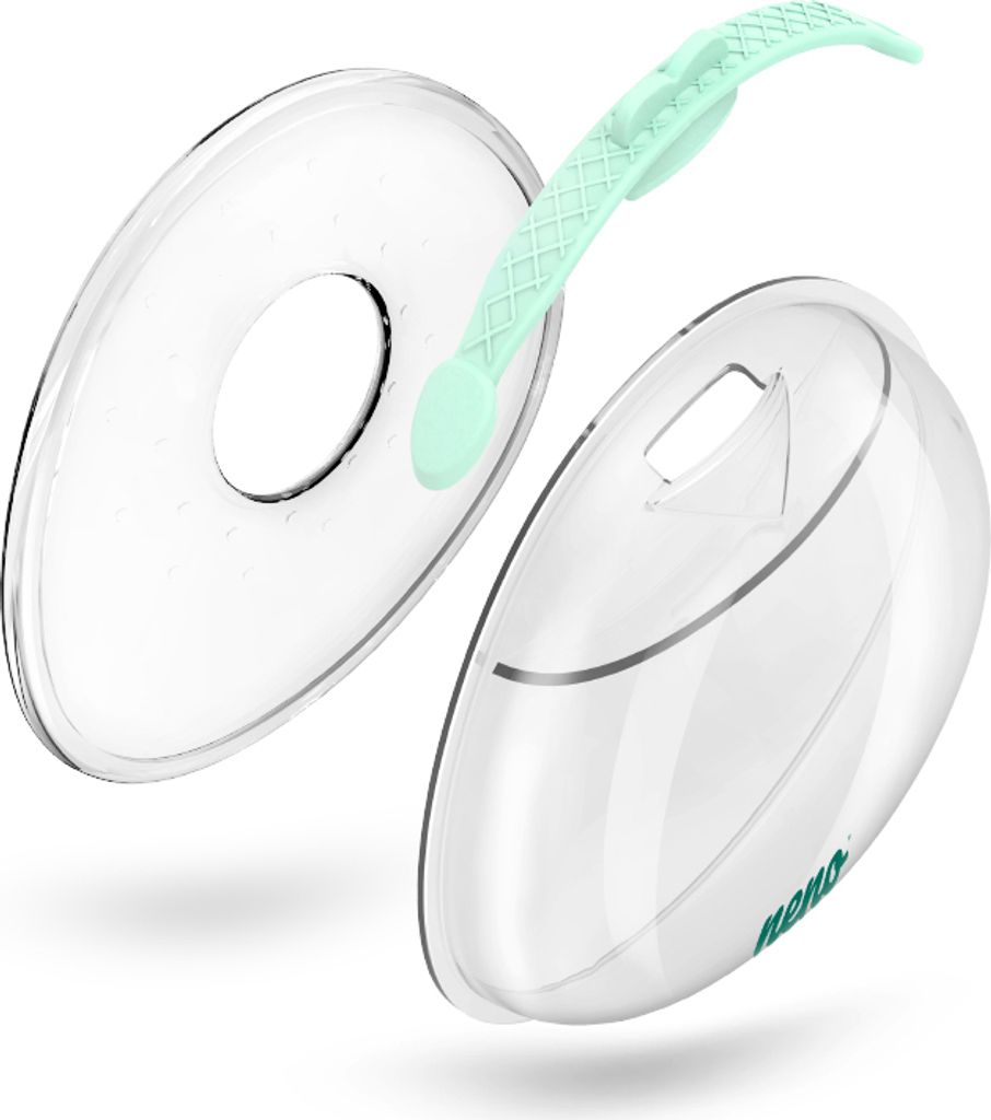Two clear silicone breast milk collection shells with a green textured strap.