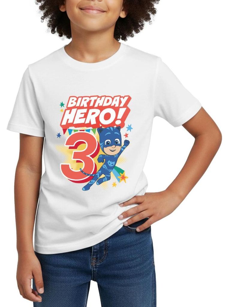 Spreadshirt PJ Masks Catboy Birthday Hero 3. Geburtstag Kinder T-Shirt, 98/104 (3-4 Jahre), Weiß