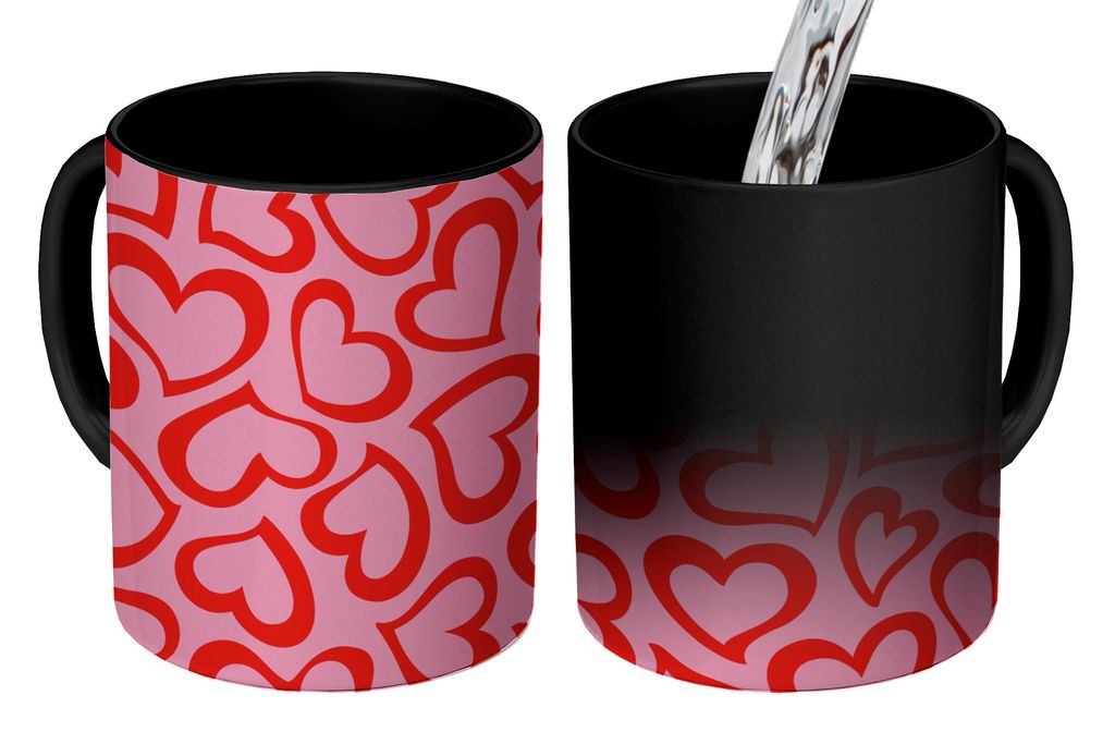 KitchenYeah Zauber Tasse Zaubertasse Magic Eine Illustration einer Tapete mit roten Herzen 350 ml Farbwechsel Becher Geschenk Geschenkidee - Magi...